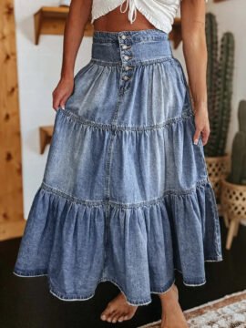 Tiered Button-Fly Denim Skirt 332bb6ce-f77a-494d-927f-e2dcd903e6e0-Max