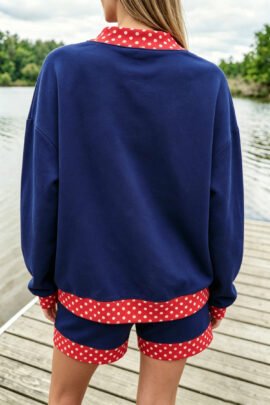 Dark Blue Polka Dot Trim Baggy Pullover 2pcs Short Set - Image 47