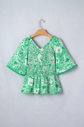 Green Flirty Floral Smocked V Neck Blouse Green Flirty Floral Smocked V Neck Blouse - Image 8