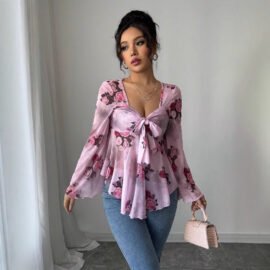 Sweet Floral Ombre Tie-Back Square Neck Long Sleeve Blouse Sweet Floral Ombre Tie-Back Square Neck Long Sleeve Blouse - Image 3