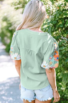 Beau Blue Floral Embroidered Puff Sleeve Split Neck Blouse Beau Blue Floral Embroidered Puff Sleeve Split Neck Blouse - Image 8