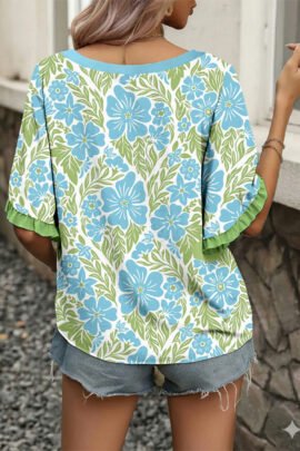 Rose Floral Print Ruffled Color Block Trim Half Sleeve Blouse - Image 5