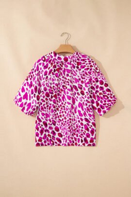 Rose Leopard Print V Neck Puffy Half Sleeve Blouse - Image 6
