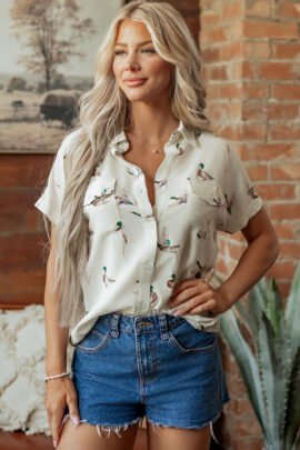 White Mallard Printed Button Flap Pocket Short Sleeve Shirt White Mallard Printed Button Flap Pocket Short Sleeve Shirt - Image 4