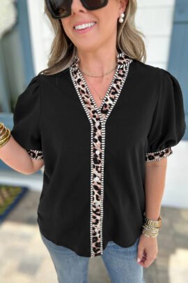 Black V Neck Short Puff Sleeve Contrast Striped Leopard Trim Button Down Shirt Black V Neck Short Puff Sleeve Contrast Striped Leopard Trim Button Down Shirt - Image 5