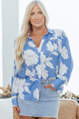 Sky Blue Floral Print Button Up Pleated Detail Puff Sleeve Shirt - Image 4