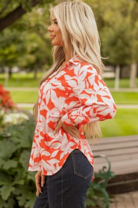 Orange Botanical Print Single Chest Pocket Button Up Shirt - Image 3