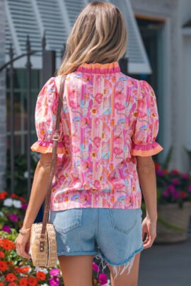 Pink Poppy Flower Striped Print Color Block Trim V Neck Short Sleeve Blouse Pink Poppy Flower Striped Print Color Block Trim V Neck Short Sleeve Blouse - Image 2