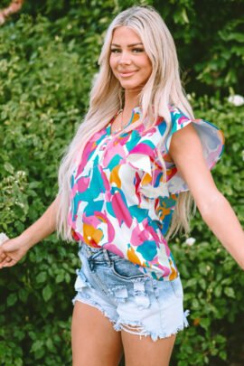 Multicolour Abstract Print Notched Neck Flutter Sleeve Blouse - Image 8