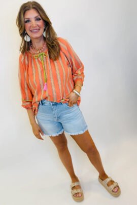 Orange Stripe Tassel Tie Neck Bracelet Sleeve Cotton Blouse - Image 3