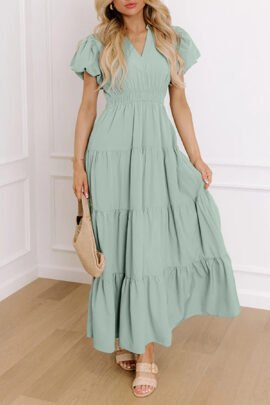 Bright Green Solid Color V Neck Short Puff Sleeve High Waist Tiered Maxi Dress Bright Green Solid Color V Neck Short Puff Sleeve High Waist Tiered Maxi Dress - Image 7