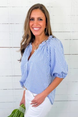 Sky Blue Summer Plaid V Neck Puff Sleeve Blouse Sky Blue Summer Plaid V Neck Puff Sleeve Blouse - Image 5