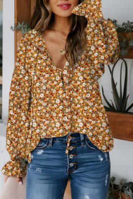 Orange Boho Floral Ruffled Bubble Sleeve V Neck Fall Blouse - Image 8