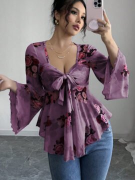 Sweet Floral Ombre Tie-Back Square Neck Long Sleeve Blouse Sweet Floral Ombre Tie-Back Square Neck Long Sleeve Blouse - Image 11