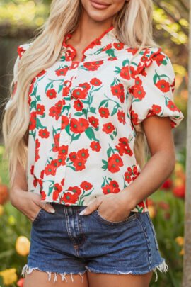 Red Floral Print Ruffled Puff Sleeve Elegant Summer Shirt Red Floral Print Ruffled Puff Sleeve Elegant Summer Shirt - Image 7