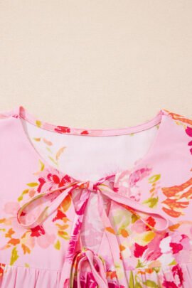 Pink Floral Print Tie Neck Puffy Half Sleeve Blouse - Image 6