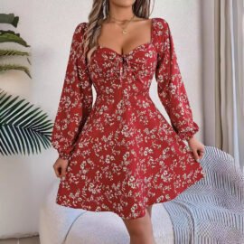 Floral Tie Front Mini Dress - Lantern Sleeve A-Line Sun Dress