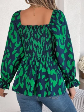 Leopard Print Smocked Square Neck Blouse Leopard Print Smocked Square Neck Blouse - Image 14