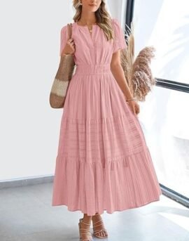 Boho Flowy Pleated Tiered V Neck Maxi Dress