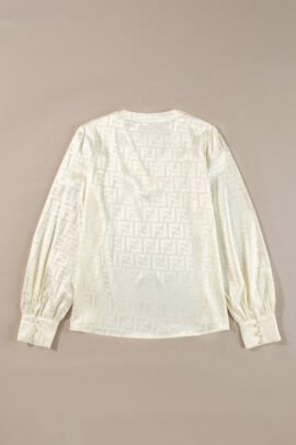 Oatmeal Geometric Jacquard V Neck Bishop Sleeve Blouse Oatmeal Geometric Jacquard V Neck Bishop Sleeve Blouse - Image 4