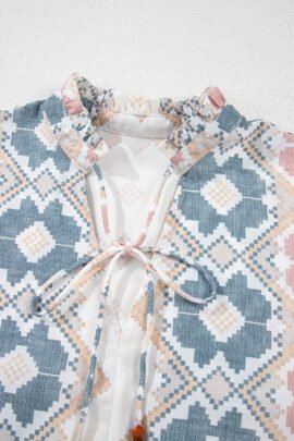 Khaki Geometric Print Tassel Tie Split Neck Balloon Sleeve Blouse - Image 7