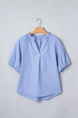 Sky Blue Summer Plaid V Neck Puff Sleeve Blouse Sky Blue Summer Plaid V Neck Puff Sleeve Blouse - Image 7
