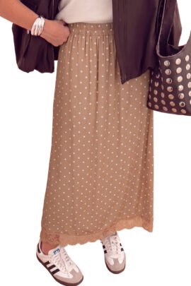 Brown Polka Dot Lace Hem Elegant Long Shift Skirt - Image 15