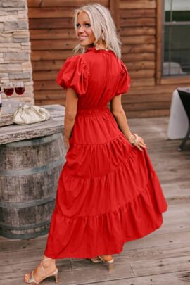 Bright Green Solid Color V Neck Short Puff Sleeve High Waist Tiered Maxi Dress Bright Green Solid Color V Neck Short Puff Sleeve High Waist Tiered Maxi Dress - Image 5