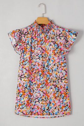 Orange Floral Print Flutter Sleeve Blouse Top - Image 8