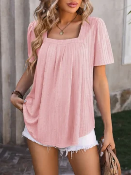Square Neck Pleated Knit Summer Blouse - Image 16
