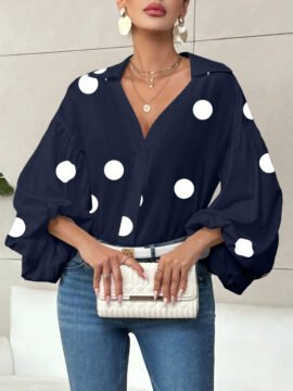 Polka Dot Half-Open Neck Loose Bubble Sleeve Long Sleeve Top Polka Dot Half-Open Neck Loose Bubble Sleeve Long Sleeve Top - Image 6