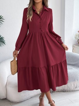 Long Sleeve Tiered Button Down Midi Shirt Dress with Pockets