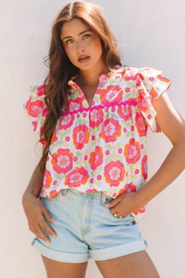 Rose Floral Ruffled Sleeve Ric-rac Trim Split Neck Loose Blouse Rose Floral Ruffled Sleeve Ric-rac Trim Split Neck Loose Blouse - Image 6
