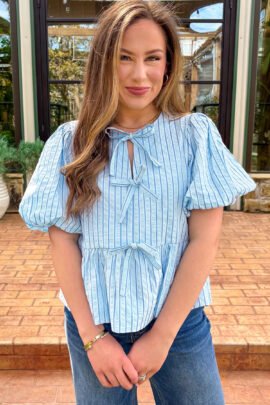 Sky Blue Stripe Bow Knot Textured Short Puff Sleeve Babydoll Blouse Sky Blue Stripe Bow Knot Textured Short Puff Sleeve Babydoll Blouse - Image 4
