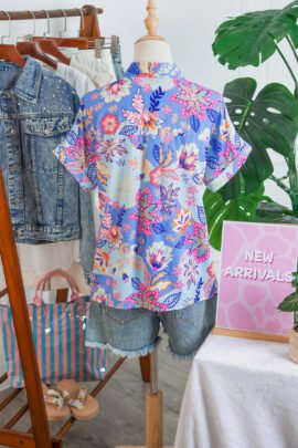 Purple Vacation Floral Print V Neck Short Sleeve Blouse - Image 4
