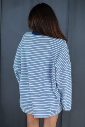 Sky Blue Stripe Long Sleeve Oversized Top Pocketed Casual Shorts Two Piece Set Sky Blue Stripe Long Sleeve Oversized Top Pocketed Casual Shorts Two Piece Set - Image 2