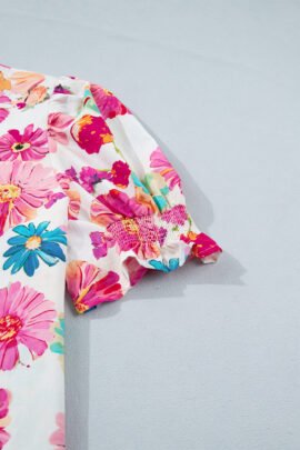 Beige Floral Print Short Puff Sleeve Striped Trim V Neck Blouse Beige Floral Print Short Puff Sleeve Striped Trim V Neck Blouse - Image 6