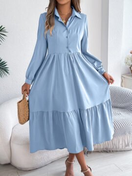 Long Sleeve Tiered Button Down Midi Shirt Dress with Pockets - Image 9