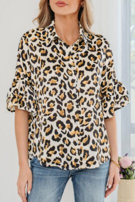 Khaki Leopard Print Ruffle Trim 3/4 Sleeve Loose Shirt - Image 8