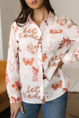 White Rodeo Cowgirl Print Western Button up Shirt - Image 5