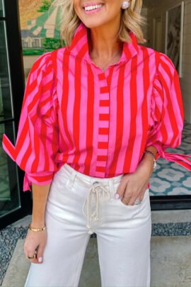 Blue Stripe Tie Puff Sleeve Womens Button Down Shirt Blue Stripe Tie Puff Sleeve Womens Button Down Shirt - Image 4