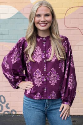 Purple Floral Print Button Front Long Puff Sleeve Shirt Purple Floral Print Button Front Long Puff Sleeve Shirt - Image 8