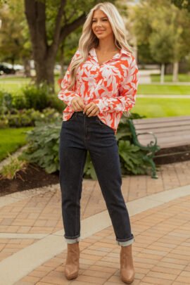 Orange Botanical Print Single Chest Pocket Button Up Shirt - Image 6