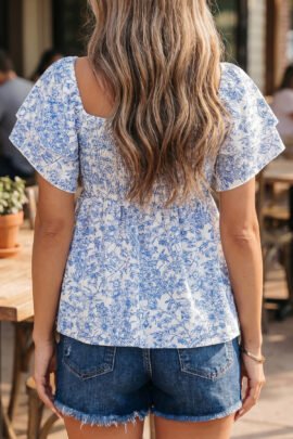Sky Blue Floral Print Square Neck Ruffled Sleeve Shirred Babydoll Blouse - Image 2