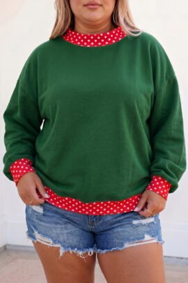 Racing Red Polka Dot Patchwork Round Neck Plus Size Sweatshirt - Image 37