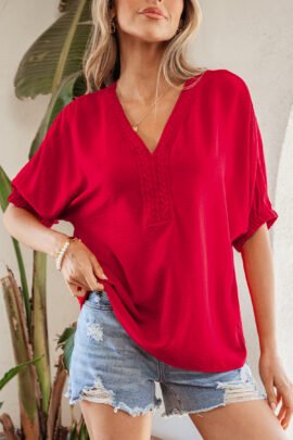 Racing Red Braided Trim V Neck Half Sleeve Blouse Racing Red Braided Trim V Neck Half Sleeve Blouse - Image 8