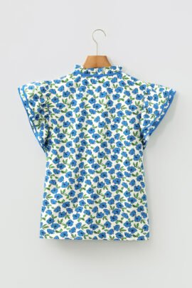 Sky Blue Tiered Flutter Sleeve Pleated Flower Blouse Sky Blue Tiered Flutter Sleeve Pleated Flower Blouse - Image 7