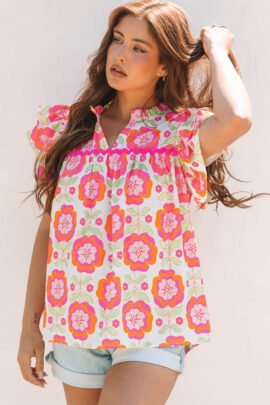 Rose Floral Ruffled Sleeve Ric-rac Trim Split Neck Loose Blouse Rose Floral Ruffled Sleeve Ric-rac Trim Split Neck Loose Blouse - Image 4