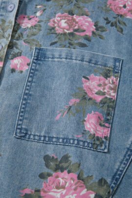 Blue Bracelet Sleeve Floral Denim Shirt - Image 8