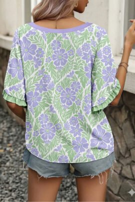Rose Floral Print Ruffled Color Block Trim Half Sleeve Blouse - Image 8
